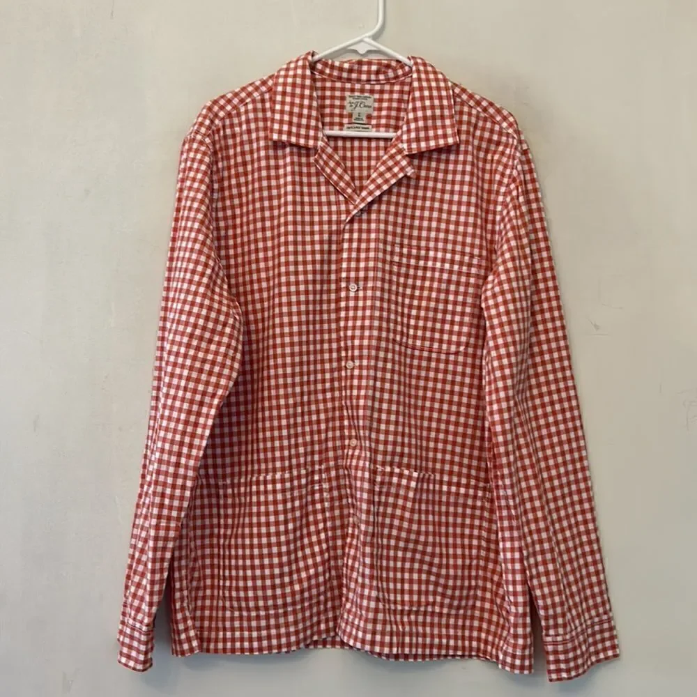 J Crew organic cotton orange white checked  front pocket shirt Size L